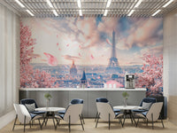 Eiffel Tower view with spring petals falling

