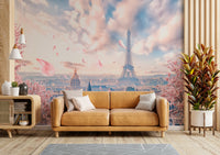 Blossoms and city rooftops in Paris scene

