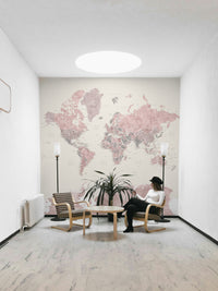 Elegant dusty pink mural featuring world map artwork

