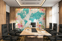 Soft teal world map wallpaper for offices and bedrooms

