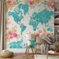 Artistic teal map mural with watercolor textures

