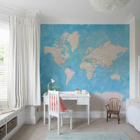 Decorative world map in artistic blue watercolor wash

