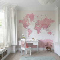 Light pink world map design for modern interiors

