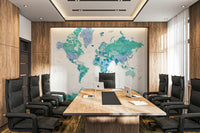 Artistic world map wallpaper in turquoise hues

