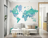 Decorative turquoise world map with watercolor effect

