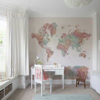 Subtle watercolor world map in soft pastel palette

