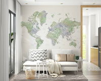 Soft sage map mural with watercolor style


