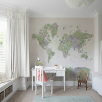 Sage green watercolor world map wallpaper for walls

