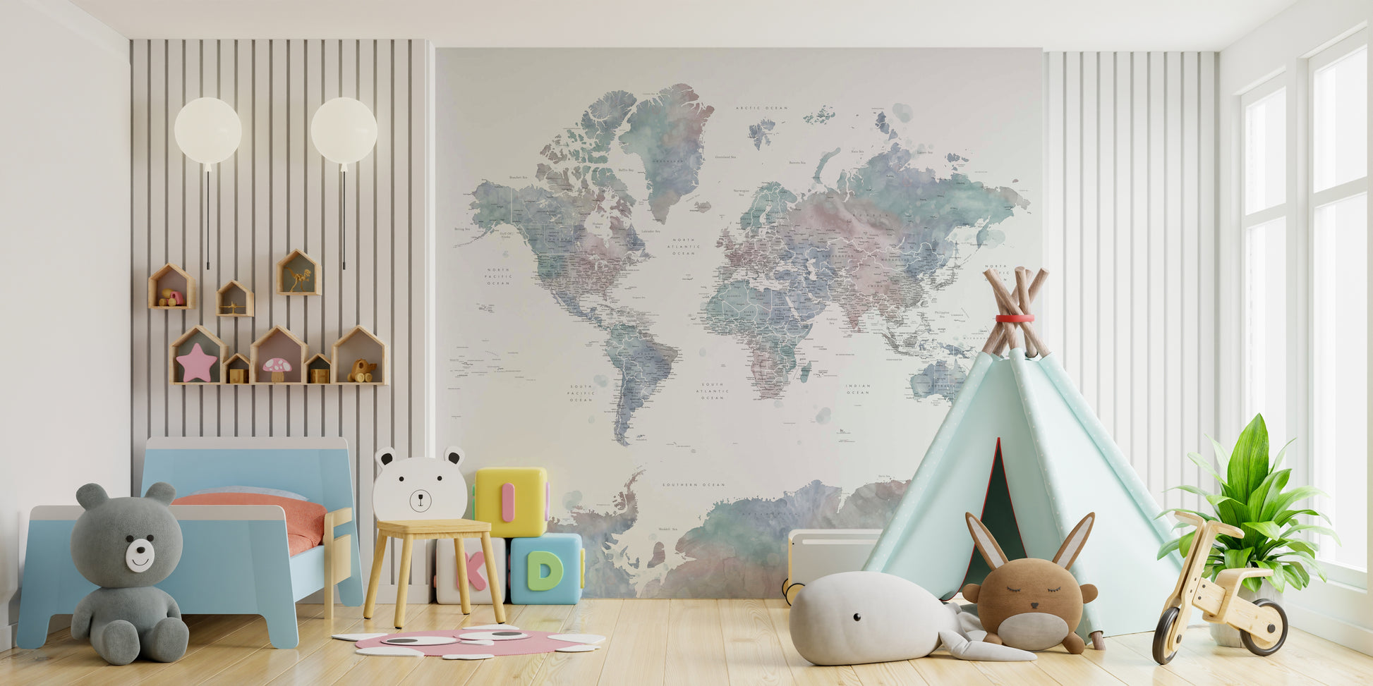 Gentle dusty blue world map for calm interiors

