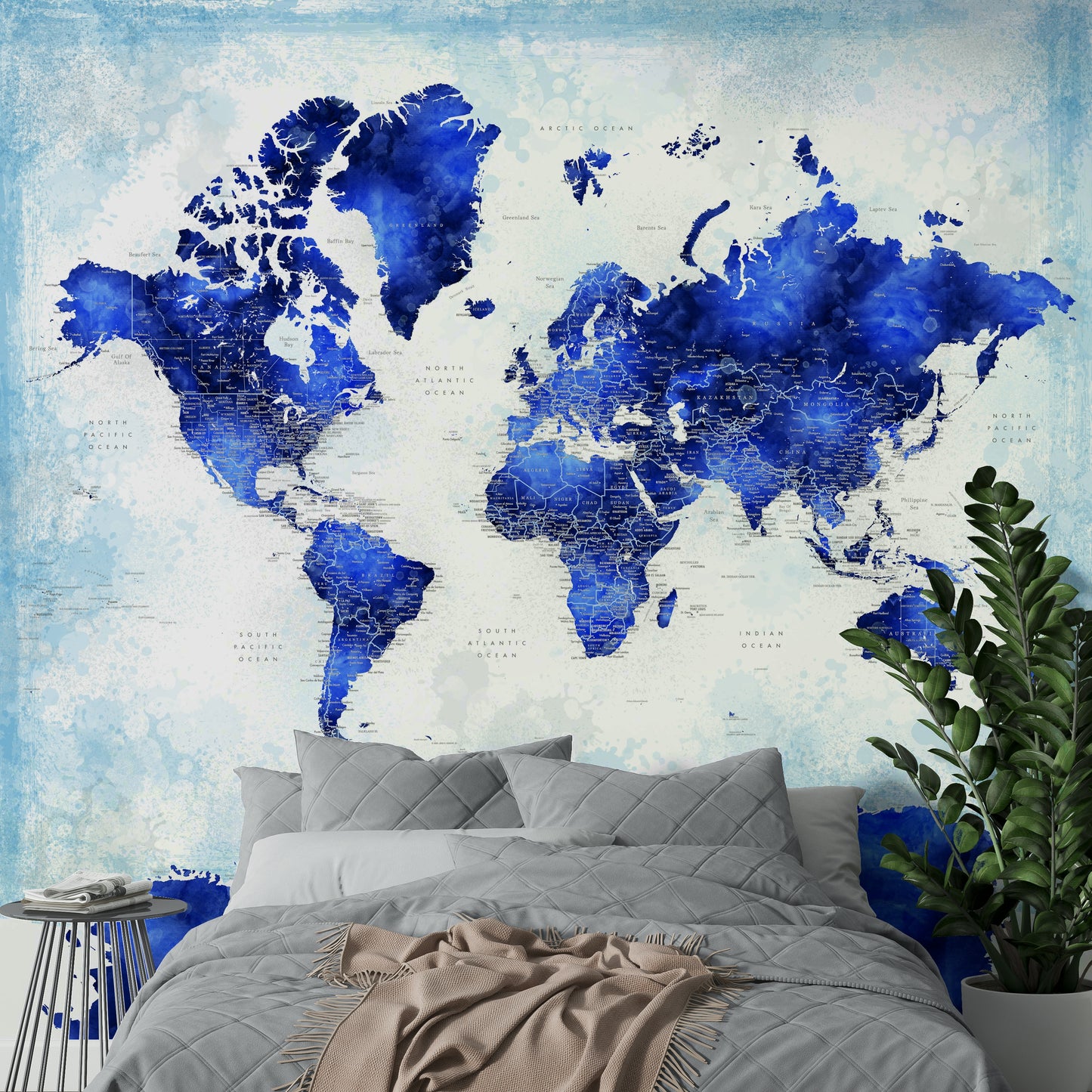 Deep Blue Watercolor World Map Wallpaper