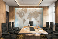 Watercolor world map wallpaper in beige and pastel blue

