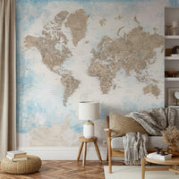 Artistic world map with beige land and blue seas

