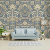 Slate blue and grey botanic wallpaper in a bedroom

