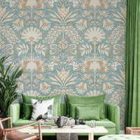 Classic botanic wallpaper with soft aqua accents

