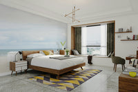 Whimsical wallpaper featuring blue roof houses

