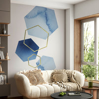 Modern blue and gold geometric wallpaper for stylish interiors