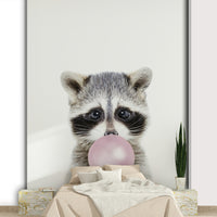 Fun bubble gum raccoon wallpaper mural for kids' rooms