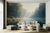 Peaceful woodland river wall design

