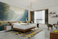 Serene tree-lined river wall background

