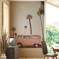 Colorful pink van mural for creative spaces

