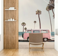 Stylish pink van wallpaper with retro feel

