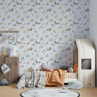 Kids wallpaper with dachshund and blooms


