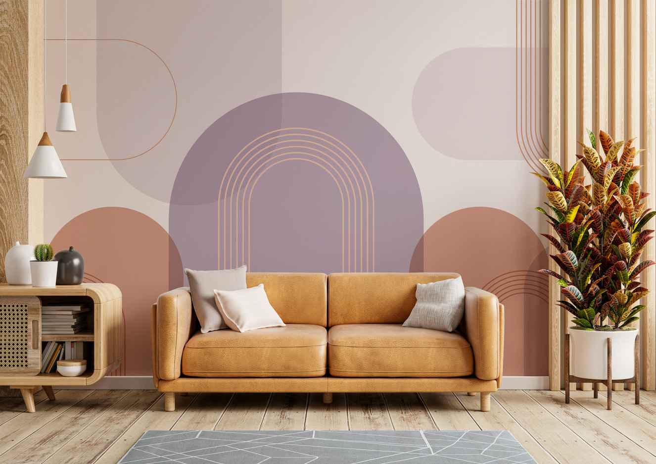 Modern arch wallpaper in purple and peach

