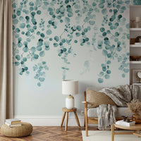 Serene eucalyptus mural in calming teal tones

