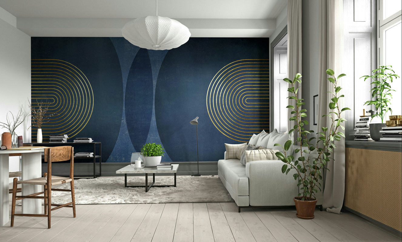 Mid-century wall mural in blue and gold tones

