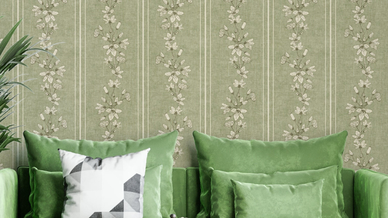 Sage green floral wallpaper with stripe pattern

