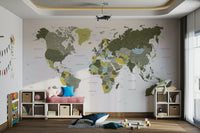 Natural olive green world map mural for interiors

