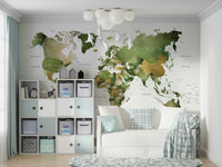 Green world map wall mural for modern interiors

