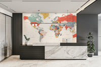 Intricate world map wall mural in muted tones

