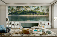 Island shore mural with blue water

