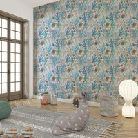 Aqua coastal wallpaper with sea creatures

