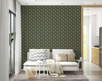 Green jungle-inspired wallpaper featuring chunky plant and jewel design

