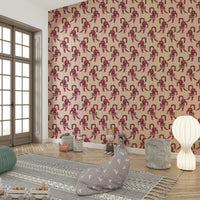 Bold pink jumping tiger wallpaper with jungle jewel details

