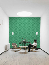 Luxe green leaf and jewel jungle wallpaper with scallop design

