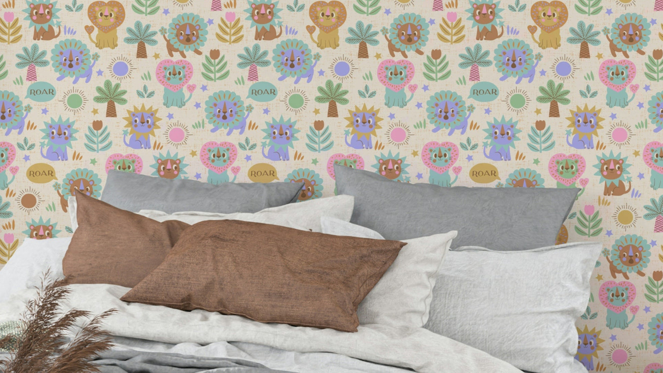 Charming little lion wallpaper for children's spaces

