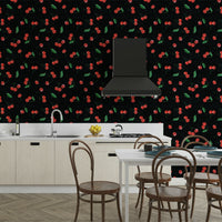 Whimsical toss pattern of painterly black cherries

