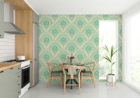 Decorative peacock plume print on wall covering

