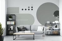 Geometric retro mural with circles and curves in grey

