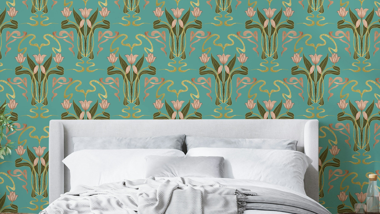 Aqua deco tulip wall mural

