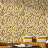 Mid-century inspired mustard wallpaper on feature wall


