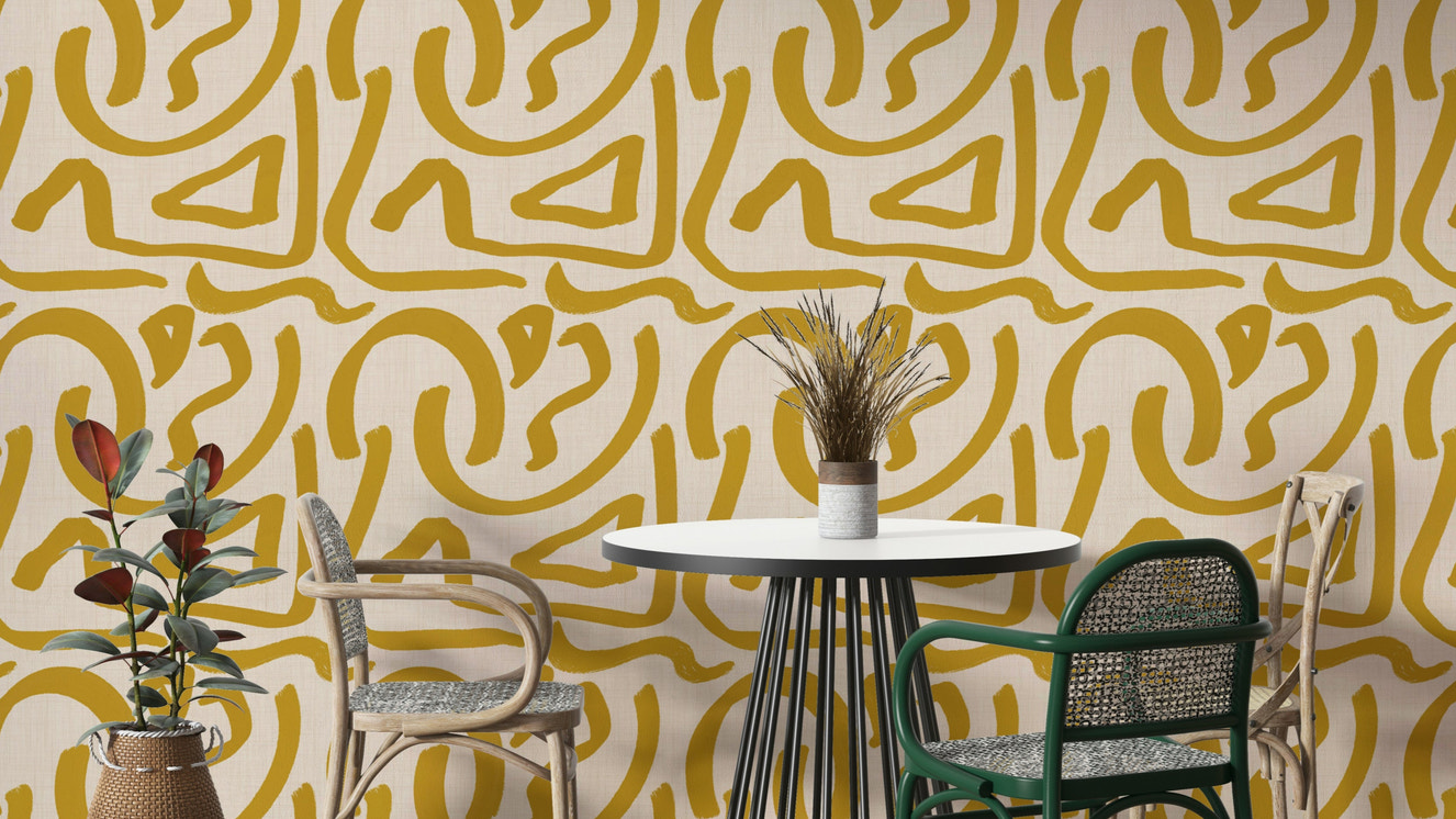 Retro mustard scribbles wallpaper with abstract brush design

