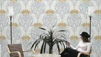 Vintage ancient motif pattern wallpaper on living room wall

