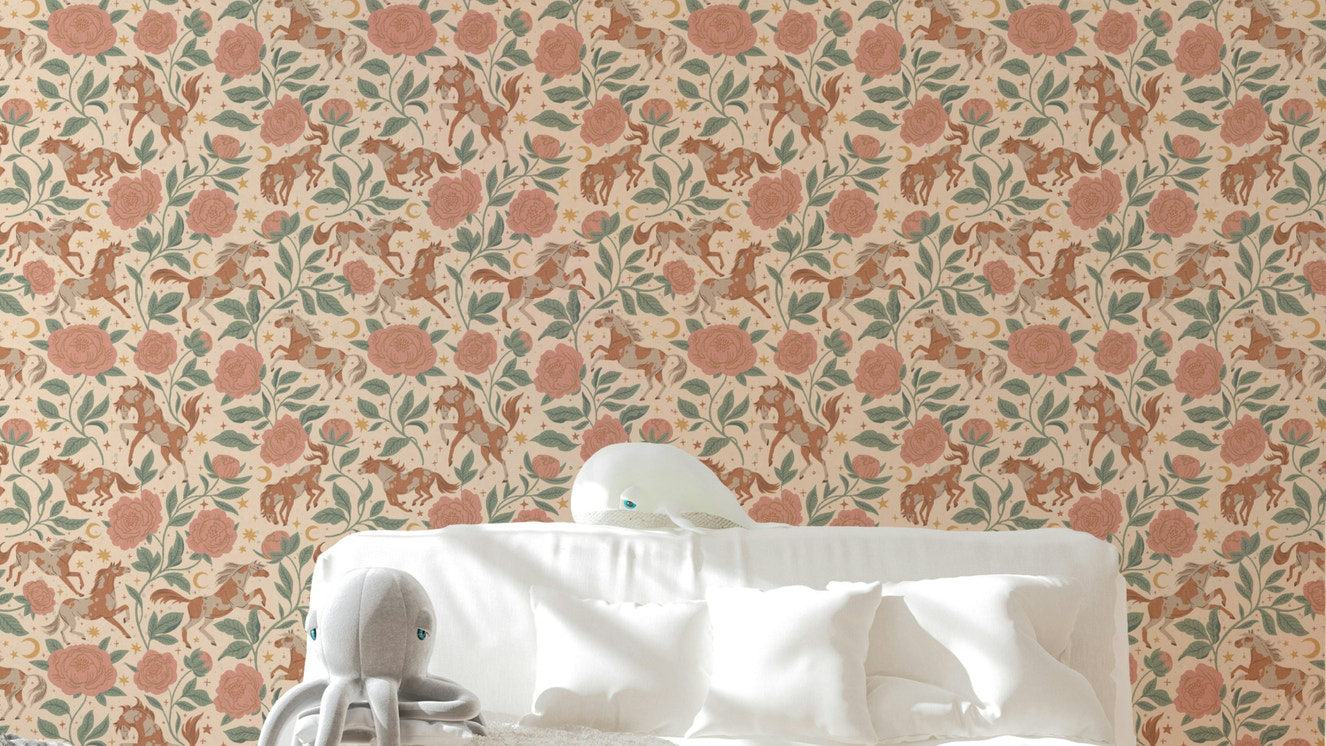Wild West pony wallpaper with soft floral design

