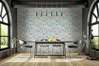 Mid-century flower wallpaper in sky blue hues

