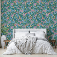 Mid-century style floral wallpaper in teal

