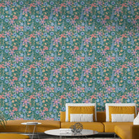 Teal wallpaper with ranunculaceae botanical motif


